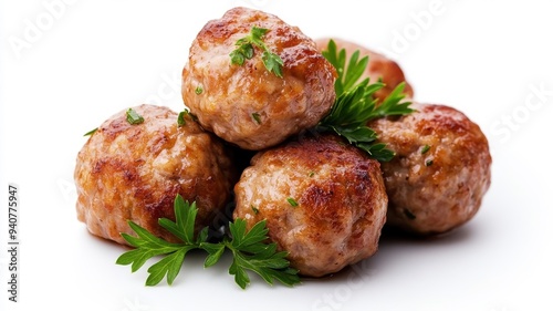 Köttbullar isolated on a clean white background, highlighting the texture and presentation of the meatballs.