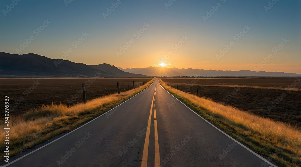 Asphalt Road Leading to Sunset in Mountainous Landscape Asphalt Road Leading to Sunset in Mountainous Landscape