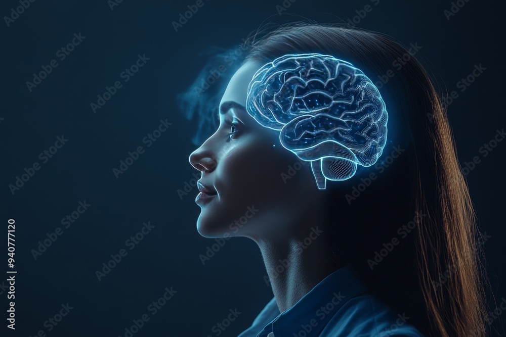Digital representation of a woman with a glowing brain illustrating advanced cognitive abilities mental acuity and the fusion of human intelligence with technology in a futuristic style