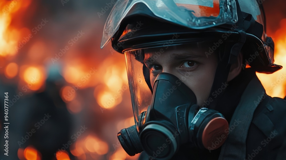 Firefighter Ready for Action with Helmet and Air Mask, Fire Flames Blurred in Background Firefighter Ready for Action with Helmet and Air Mask, Fire Flames Blurred in Background