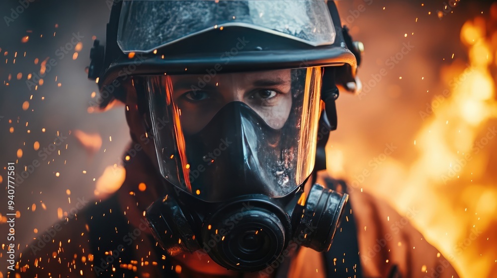 Firefighter Ready for Action with Helmet and Air Mask, Fire Flames Blurred in Background Firefighter Ready for Action with Helmet and Air Mask, Fire Flames Blurred in Background