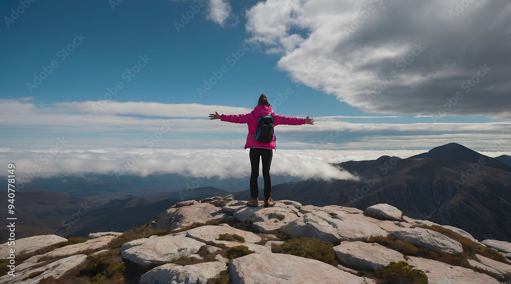 Obraz premium Woman with Arms Outstretched on Mountaintop Above Clouds