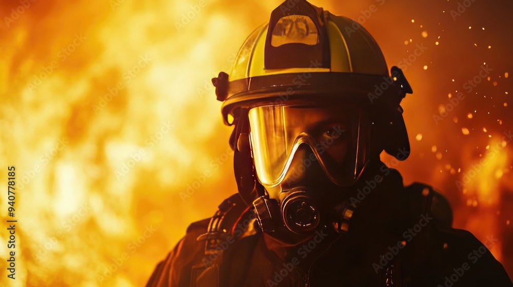 Firefighter Ready for Action with Helmet and Air Mask, Fire Flames Blurred in Background Firefighter Ready for Action with Helmet and Air Mask, Fire Flames Blurred in Background