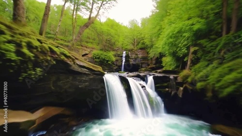 Crystal-clear waterfall cascades through lush green forest, its refreshing waters carving a natural path among mossy rocks