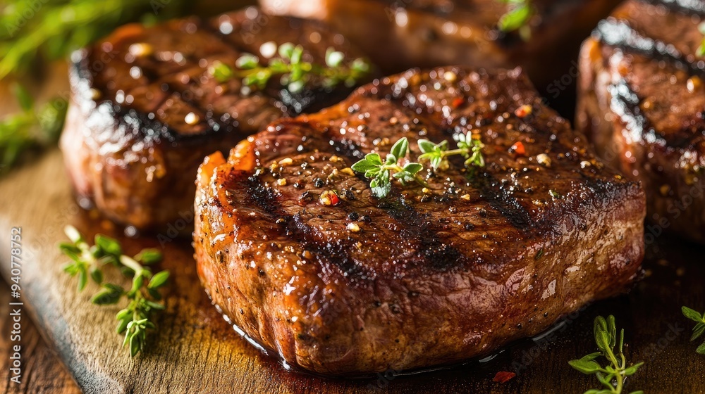 A plate of juicy, grilled steak, perfectly cooked with a succulent, tender texture and garnished with fresh herbs. A plate of juicy, grilled steak, perfectly cooked with a succulent, tender texture and garnished with fresh herbs.