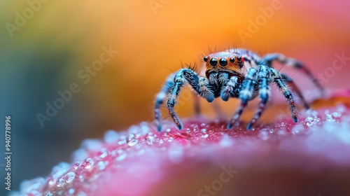  A tight shot of a jumping spider perched on a pink blossom, adorned with beads of water on its frame