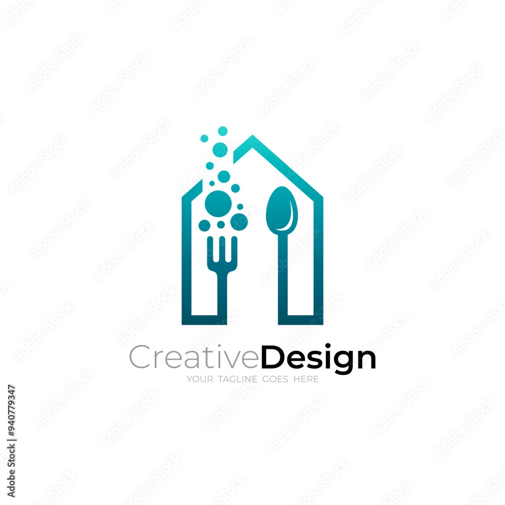 Restaurant logo with simple line style, cutlery and building logos