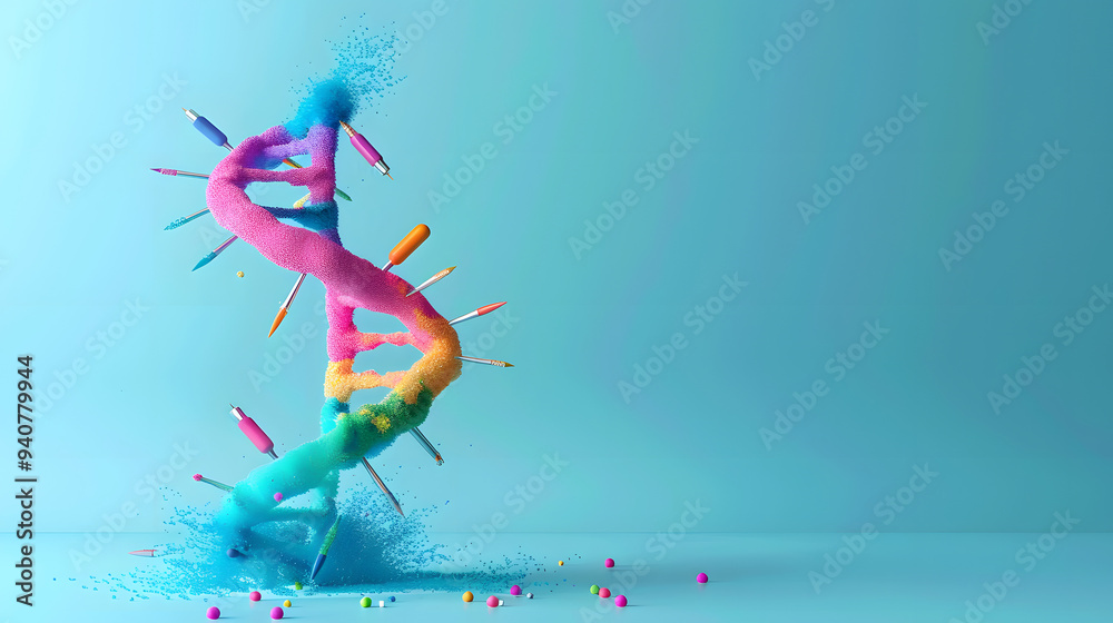 Obraz premium A colorful DNA helix made of artist's tools. The genetics of creativity. Spiraling through a sterile laboratory setting. 