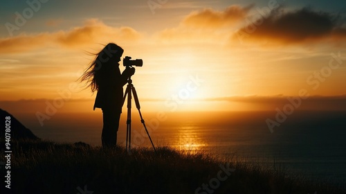 Silhouette of a photographer capturing the sunset with a camera on a tripod