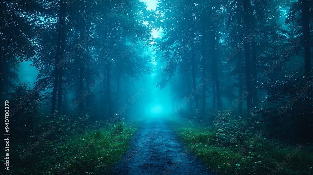 A spooky misty forest scene illuminated by fog, perfect for Halloween-themed projects, storytelling, or designs with copy space. A spooky misty forest scene illuminated by fog, perfect for Halloween-themed projects, storytelling, or designs with copy space.