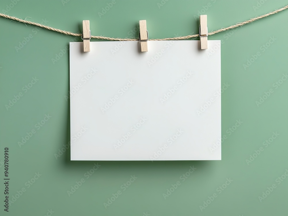 Blank white card hanging with clothespins on a green background Blank white card hanging with clothespins on a green background