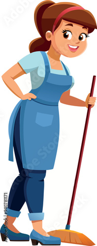 Young cleaning lady holding broom wearing blue apron