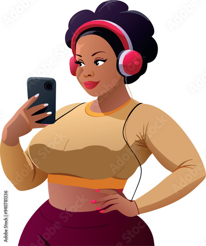 Beautiful plus size black woman wearing headphones listening to music and using smartphone