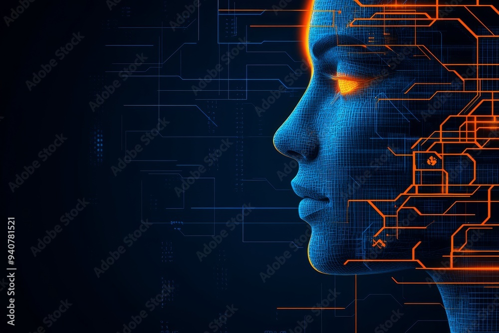Digital profile of a woman with circuits symbolizing the integration of human cognition with advanced technology and the future of artificial intelligence in a sleek high tech setting Digital profile of a woman with circuits symbolizing the integration of human cognition with advanced technology and the future of artificial intelligence in a sleek high tech setting