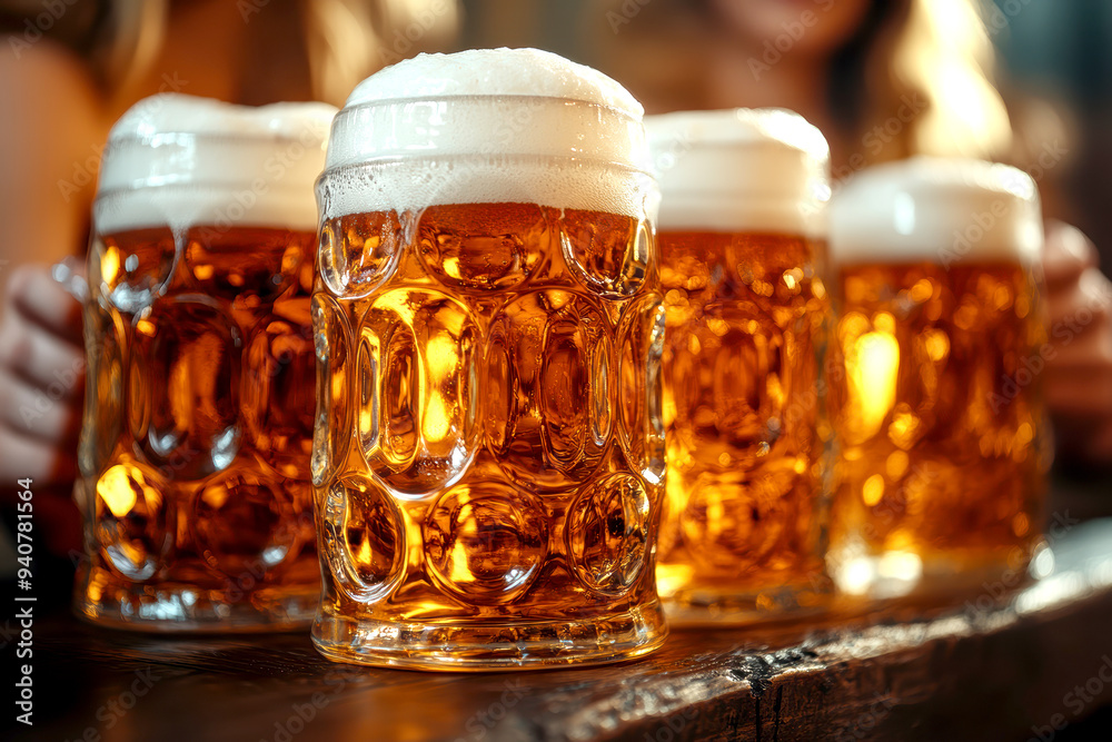Oktoberfest, people sitting down in traditional Bavarian costumes and drinking beer at a table. AI generative. Oktoberfest, people sitting down in traditional Bavarian costumes and drinking beer at a table. AI generative.