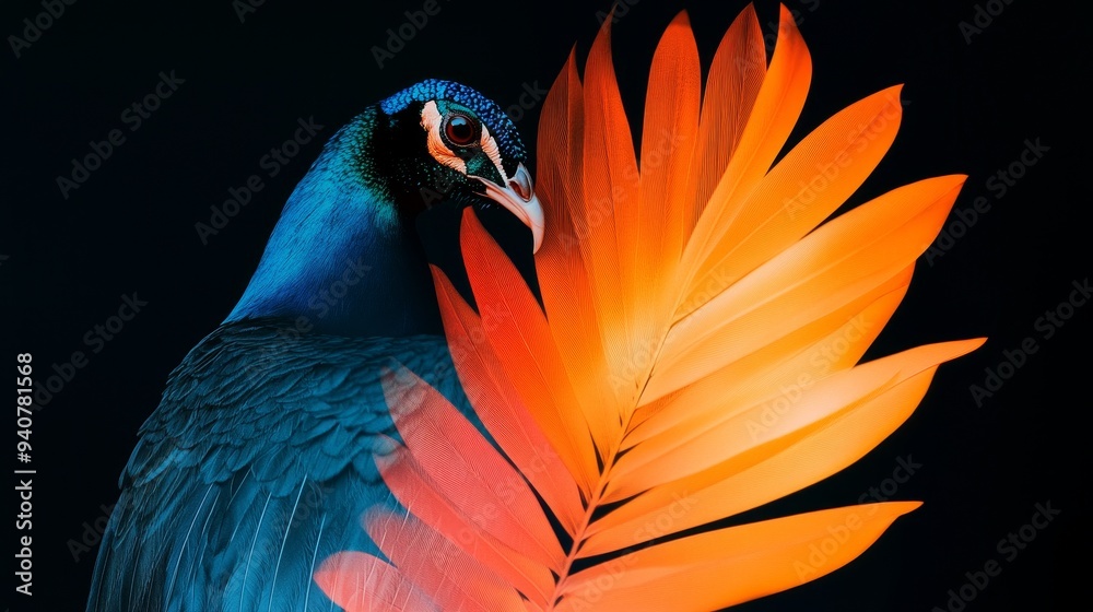 Stunning double exposure with a radiant peacock and tropical flora, rich colors, and intricate patterns Stunning double exposure with a radiant peacock and tropical flora, rich colors, and intricate patterns