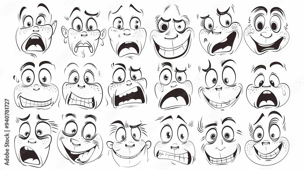 Illustrations of a big collection of various people's facial emotion expression, outline hand drawn sketch, black and white ink style, on white background, Generative AI illustrations. Illustrations of a big collection of various people's facial emotion expression, outline hand drawn sketch, black and white ink style, on white background, Generative AI illustrations.