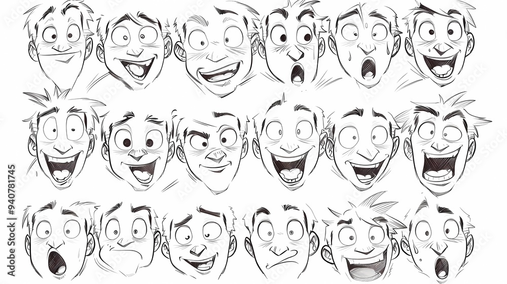 Illustrations of a big collection of various people's facial emotion expression, outline hand drawn sketch, black and white ink style, on white background, Generative AI illustrations. Illustrations of a big collection of various people's facial emotion expression, outline hand drawn sketch, black and white ink style, on white background, Generative AI illustrations.