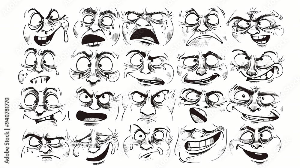 Illustrations of a big collection of various people's facial emotion expression, outline hand drawn sketch, black and white ink style, on white background, Generative AI illustrations. Illustrations of a big collection of various people's facial emotion expression, outline hand drawn sketch, black and white ink style, on white background, Generative AI illustrations.