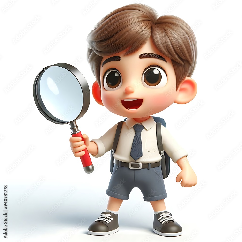 A 3D cartoon character of a schoolboy against a white background with a curious or excited expression holding a magnifying glass A 3D cartoon character of a schoolboy against a white background with a curious or excited expression holding a magnifying glass