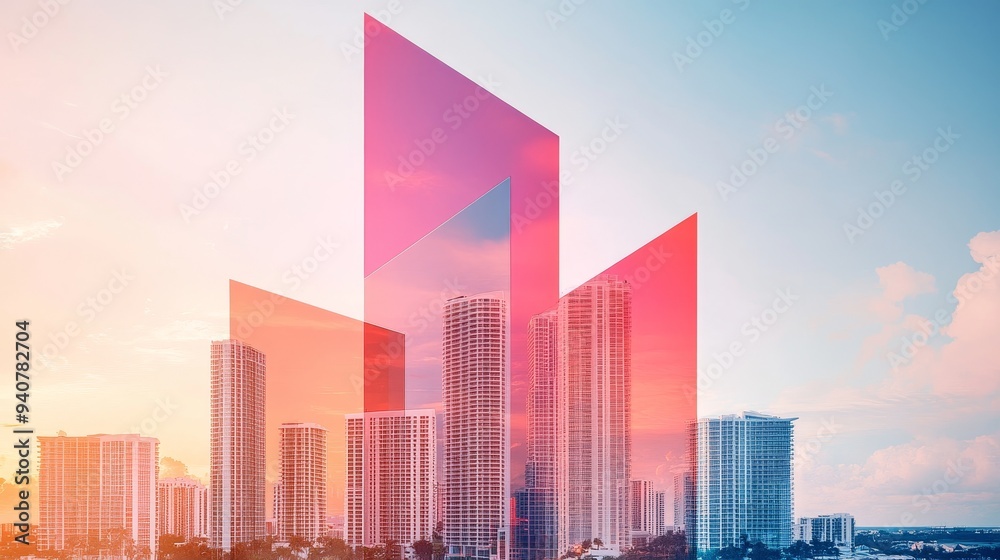 Double exposure of a city skyline and abstract geometric shapes in vibrant neon colors, creating a futuristic urban aesthetic