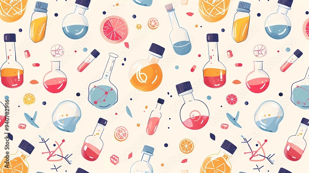 A chemistry seamless pattern, minimalistic repeating image for printing on bedding, gift wrapping paper, science and research, formulas and reactions with substances, Generative AI illustrations. 