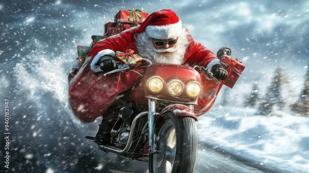 Fototapeta premium Santa cruising on a motorcycle through a snowy landscape, festive gifts securely fastened on the back, embodying a whimsical holiday spirit and adventure.
