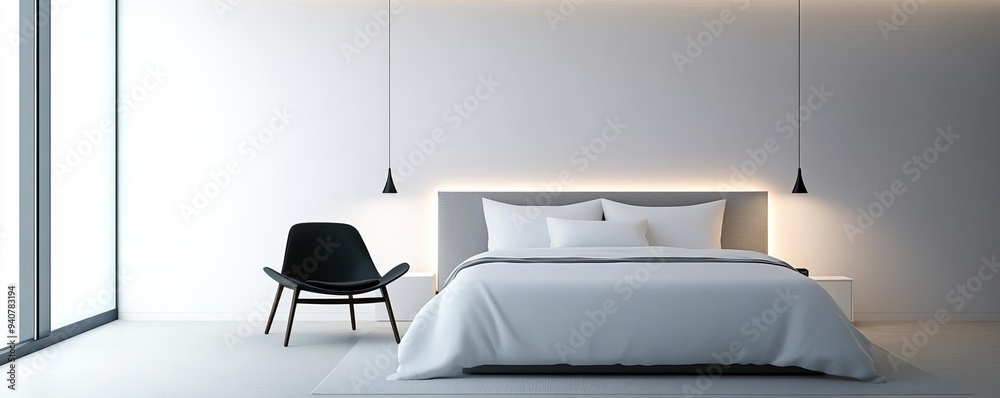 Minimal bedroom with a monochromatic color scheme and simple furniture, modern simplicity, elegant design Minimal bedroom with a monochromatic color scheme and simple furniture, modern simplicity, elegant design