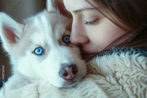 Portrait of a woman holding a dog husky in winter photo