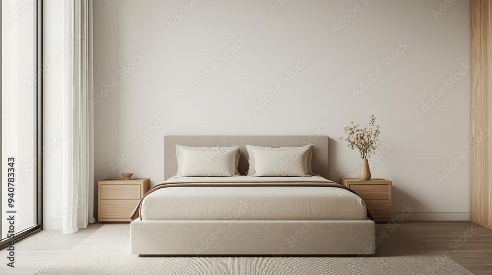 Minimal bedroom with a low-profile bed and light wood accents, understated luxury, elegant design Minimal bedroom with a low-profile bed and light wood accents, understated luxury, elegant design