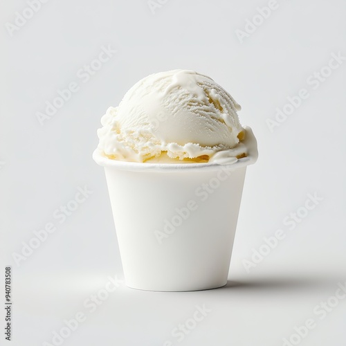 A scoop of vanilla ice cream in a white paper cup