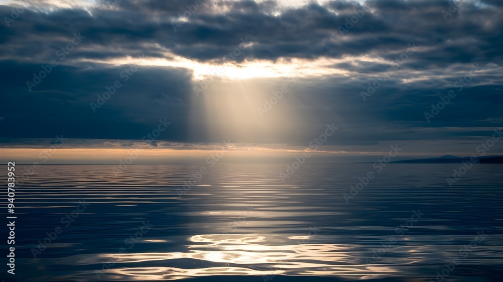 Obraz premium Light Through the Clouds Over a Quiet Sea: Sunbeams Piercing Dark Clouds, Creating a Pathway on the Water Towards the Horizon, Symbolizing Hope, Guidance, and the Journey to Spiritual Enlightenment