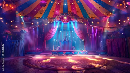 A circus stage, high quality, colorful colors, lighting, spotlights, illustration style, animation style, Generative AI illustrations. 