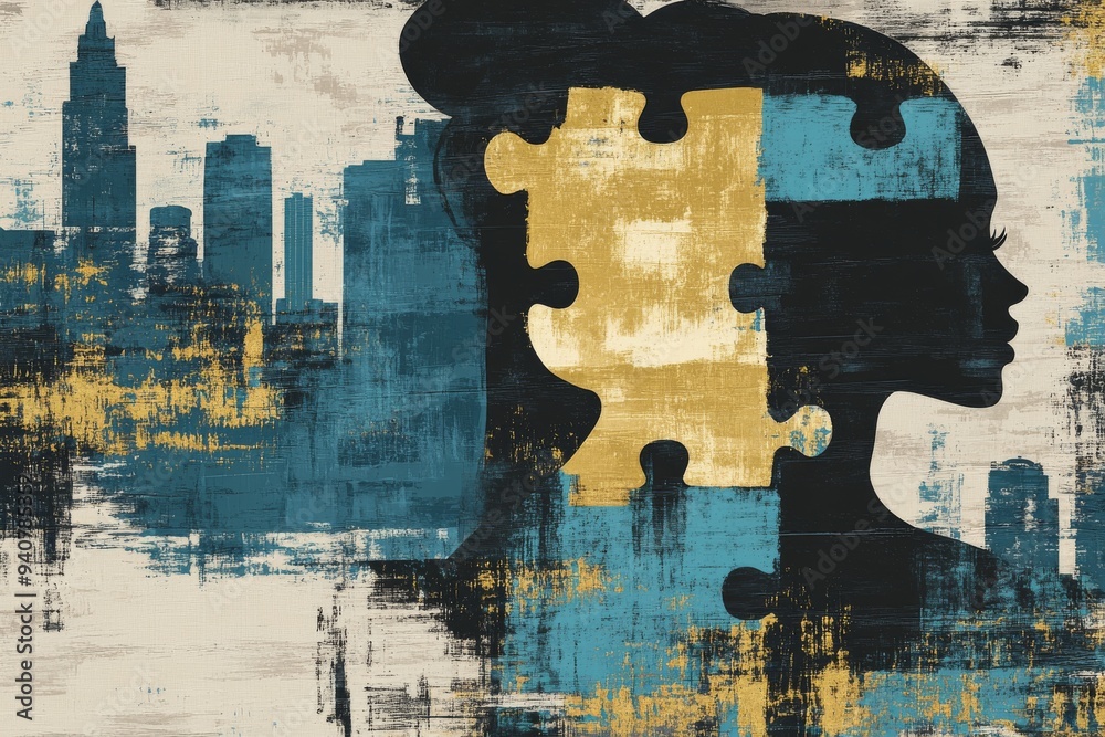 Fototapeta premium Silhouette of a woman with a puzzle piece missing blending into an urban skyline symbolizing the search for identity emotional gaps and the complexities of city life