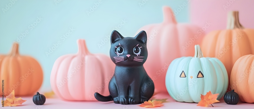 Fototapeta premium Adorable Kawaii Halloween with Cute Black Cats and Pastel Colored Pumpkins Festive Autumn Still Life Arrangement on a Minimalist Background with Copy Space