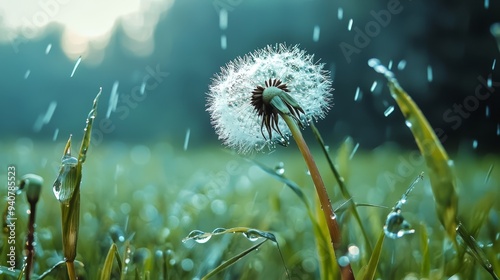  A dandelion, solitarily blooming in a field of verdant grass, adorned with beads of water photo