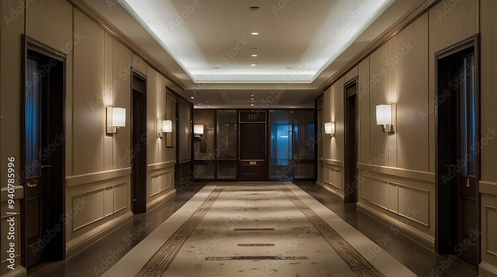 An Elegant Hotel Corridor with a Patterned Carpet and Recessed Lighting An Elegant Hotel Corridor with a Patterned Carpet and Recessed Lighting