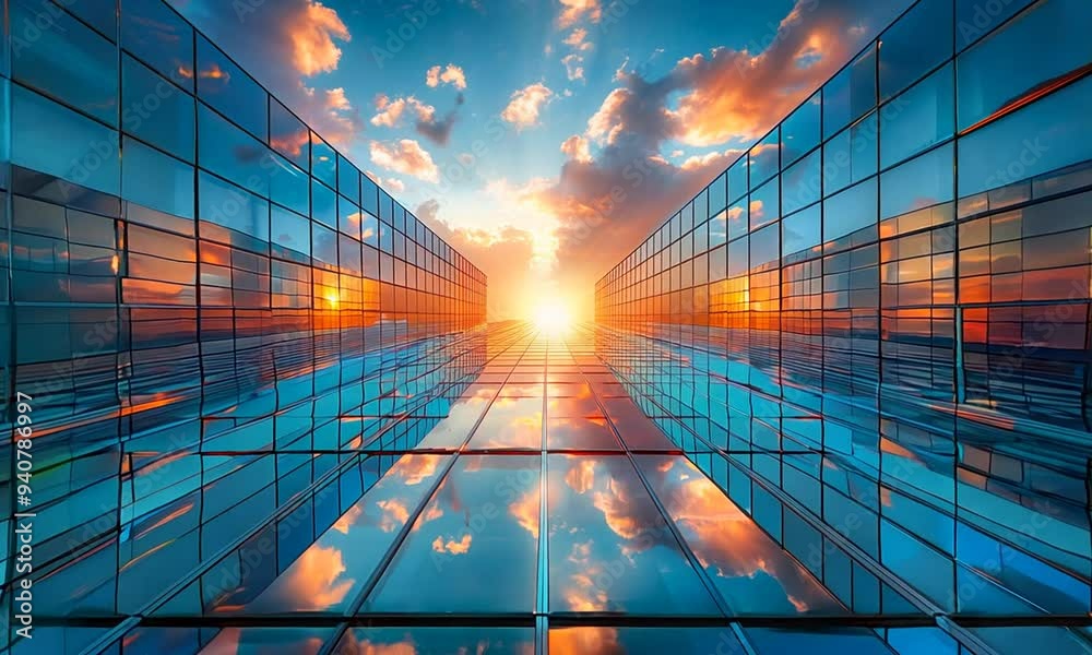 A view up a glass skyscraper reflecting a bright sunset.
