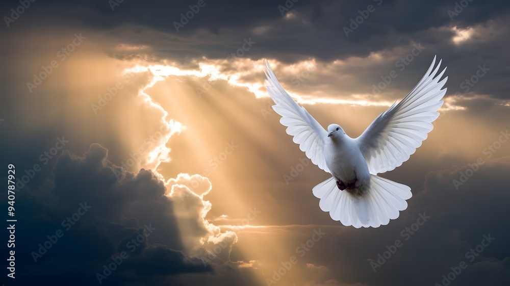 Naklejka premium Dove of Peace Soaring in Radiant Golden Light: A Pure White Dove Mid-Flight Against Dramatic Dark Clouds, Symbolizing the Holy Spirit, Spiritual Purity, and Divine Inspiration in a Warm, Heavenly Glow