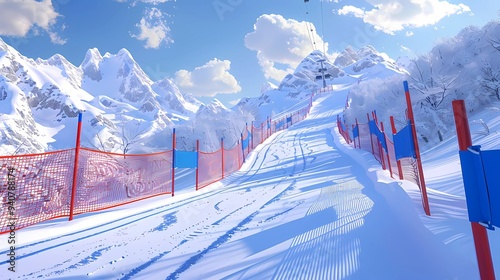 A alpine ski course winding down a snow-covered mountain, fresh powder snow on steep slopes, Generative AI illustrations. photo