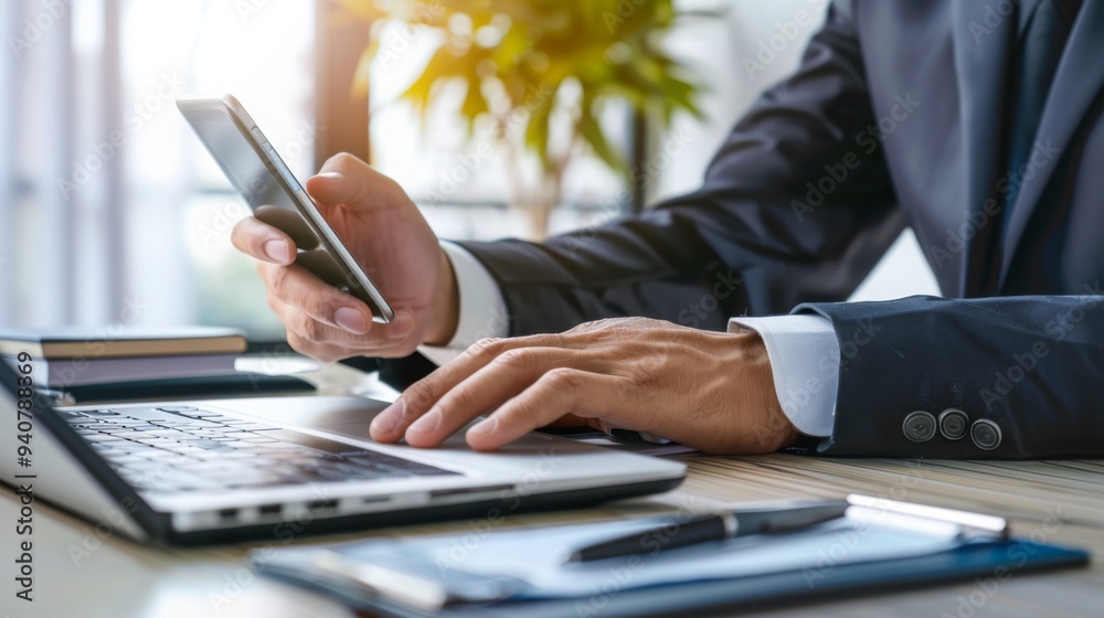 Professional businessperson using smartphone at modern desk with blurred screen close-up, hands in business attire, bright and high-definition image. Professional businessperson using smartphone at modern desk with blurred screen close-up, hands in business attire, bright and high-definition image.