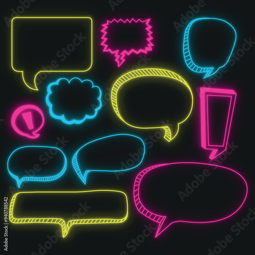 Thoughts bubbles hand drawn set. Mind cloud template. Bubbles speech of different styles and shapes. neon