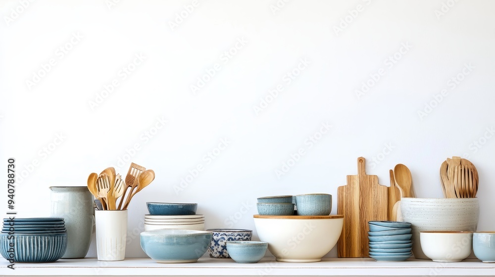 Kitchenware including a cupboard and bowls are arranged on a table against a white backdrop, leaving ample space for text. This setting evokes the concept of home kitchen decor. Kitchenware including a cupboard and bowls are arranged on a table against a white backdrop, leaving ample space for text. This setting evokes the concept of home kitchen decor.