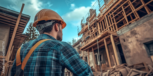 A photo of a worker from behind wearing a helmet