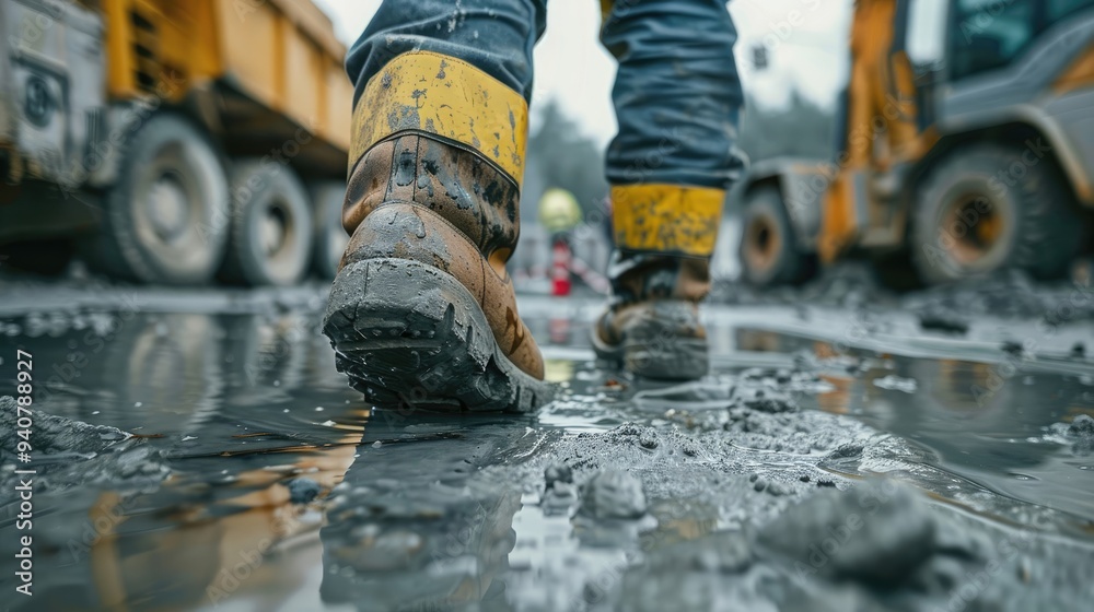 Worker on Wet Floor at a Construction Site, Emphasizing Accident Risks Worker on Wet Floor at a Construction Site, Emphasizing Accident Risks