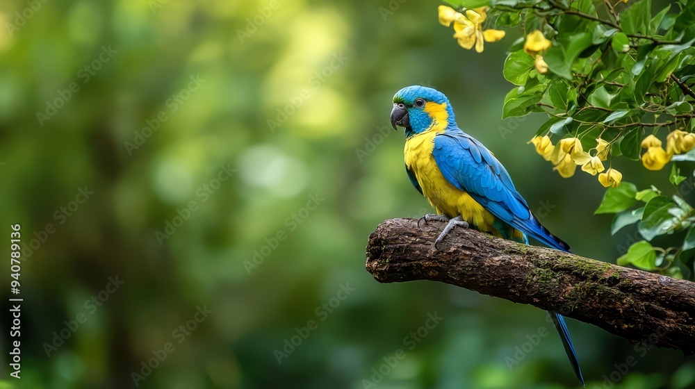 Fototapeta premium A blue-and-yellow bird perches on a tree branch adjacent to another, adorned with yellow flowers