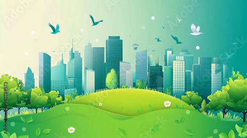 Vector illustration. Eco friendly concept, Green city save the world which brings forward which brings forward