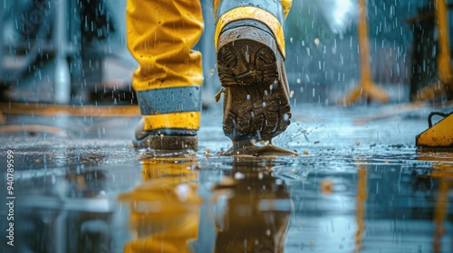 Worker on Wet Floor at a Construction Site, Emphasizing Accident Risks