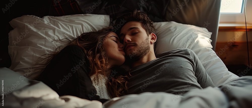 Couple kissing behind a pillow Couple kissing behind a pillow