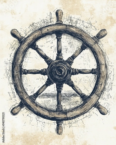 Vintage rudder sketch drawing. Nautical and sailing concept. Poster design. Ai Generative photo